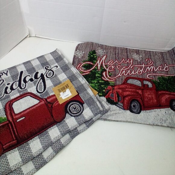 Other - Christmas Placemat Lot of 4 Red Truck Tree Fabric 18" x 12.5" 2 Patterns